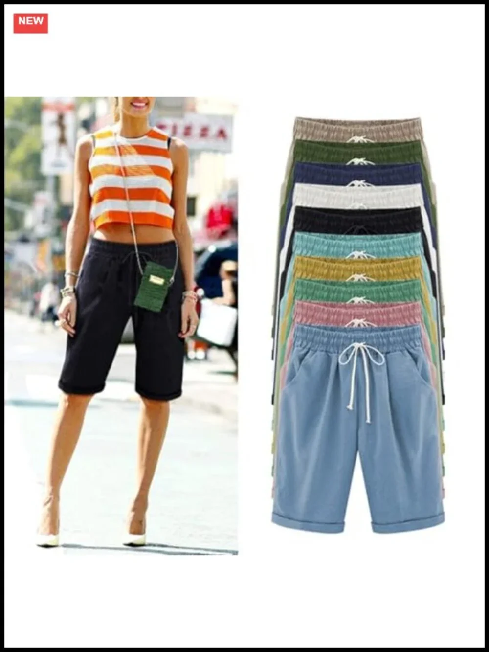 Women's Bermuda Shorts Cotton Elastic Waist Knee Length Drawstring